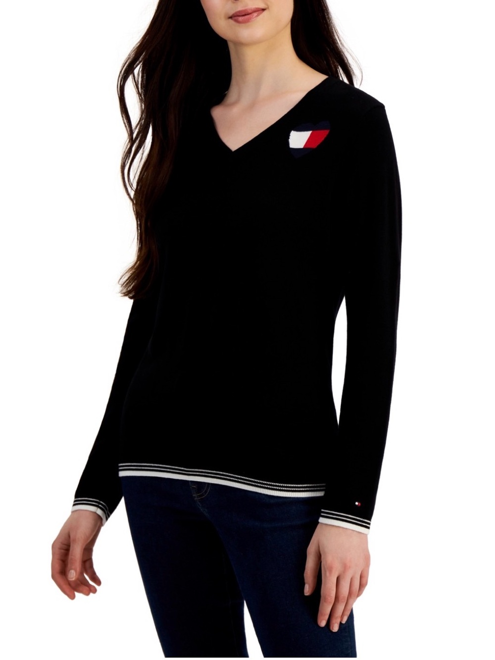 Tommy Hilfiger Womens Heart Stripe Trim V-Neck Sweater XL
